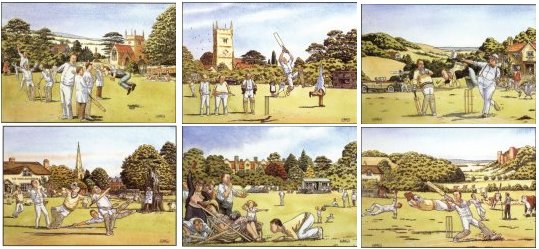 Set of 6 Village Cricket Cartoons 